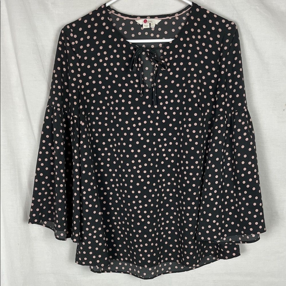 Boden Gray and Pink Polka Dot Blouse with Bell Sleeves